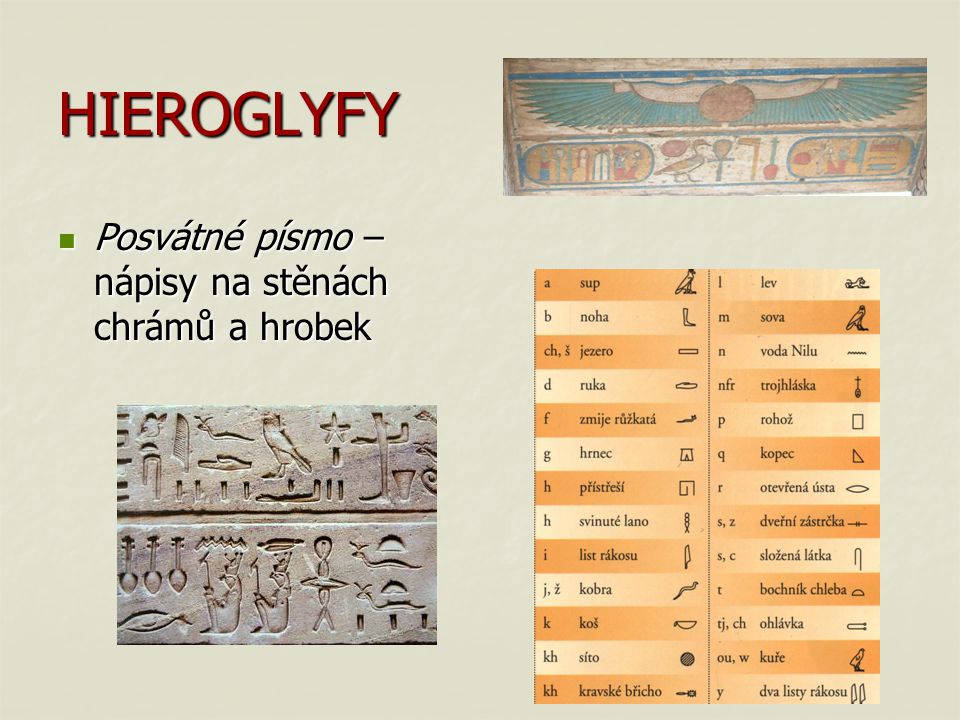 HIEROGLYFY Posvátné písmo – nápisy na stěnách chrámů a hrobek