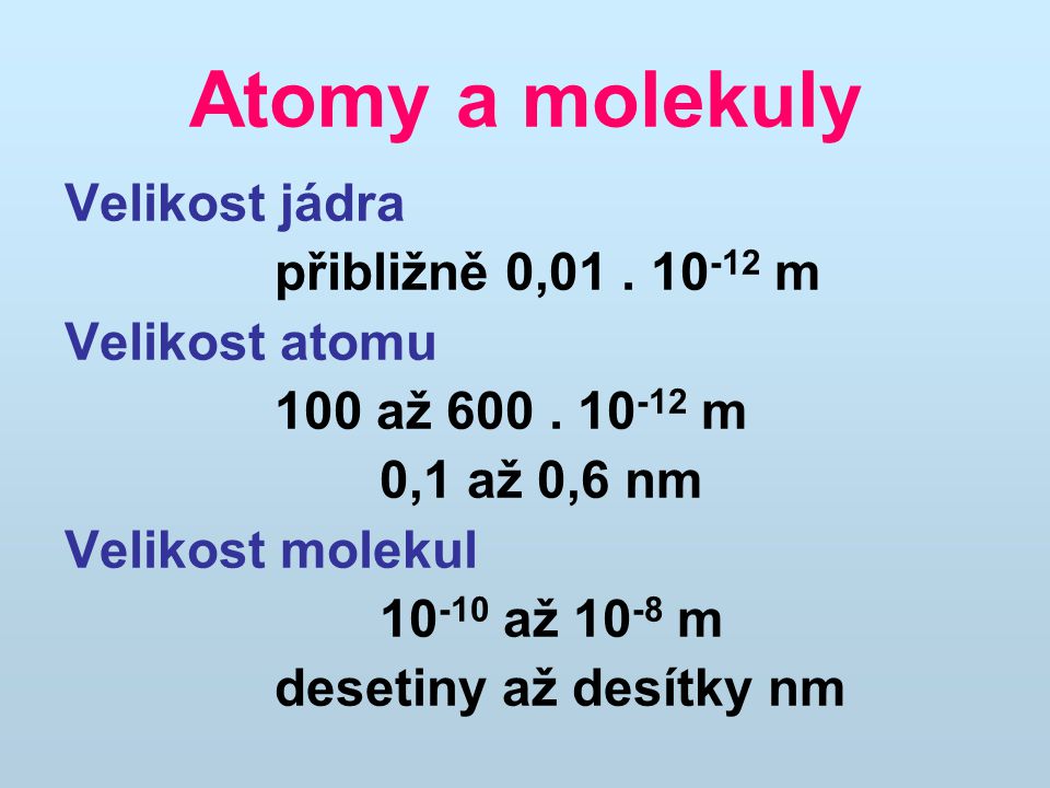 Atomy a molekuly Velikost jádra přibližně 0, m