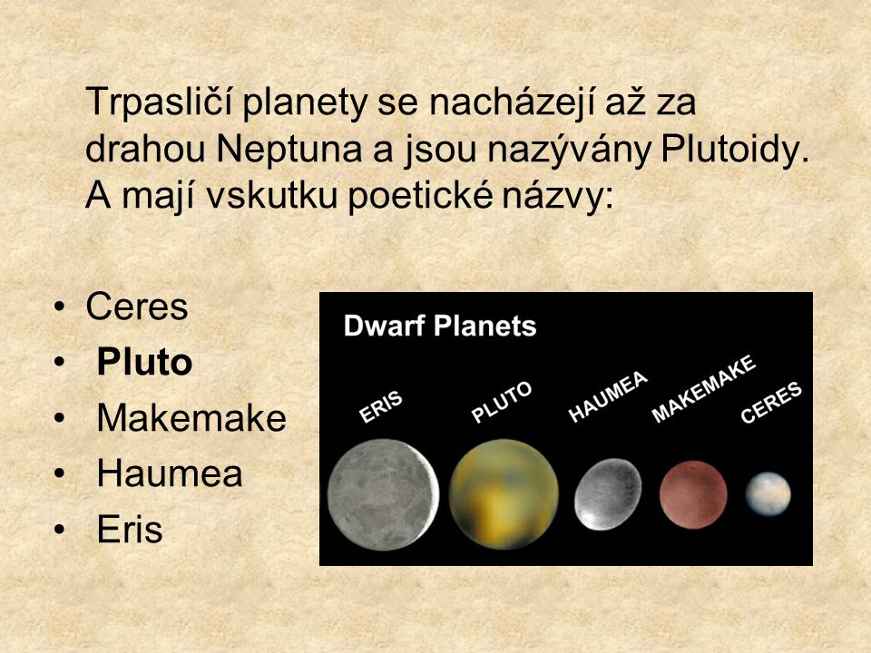 Trpasličí planety se nacházejí až za drahou Neptuna a jsou nazývány Plutoidy. A mají vskutku poetické názvy: