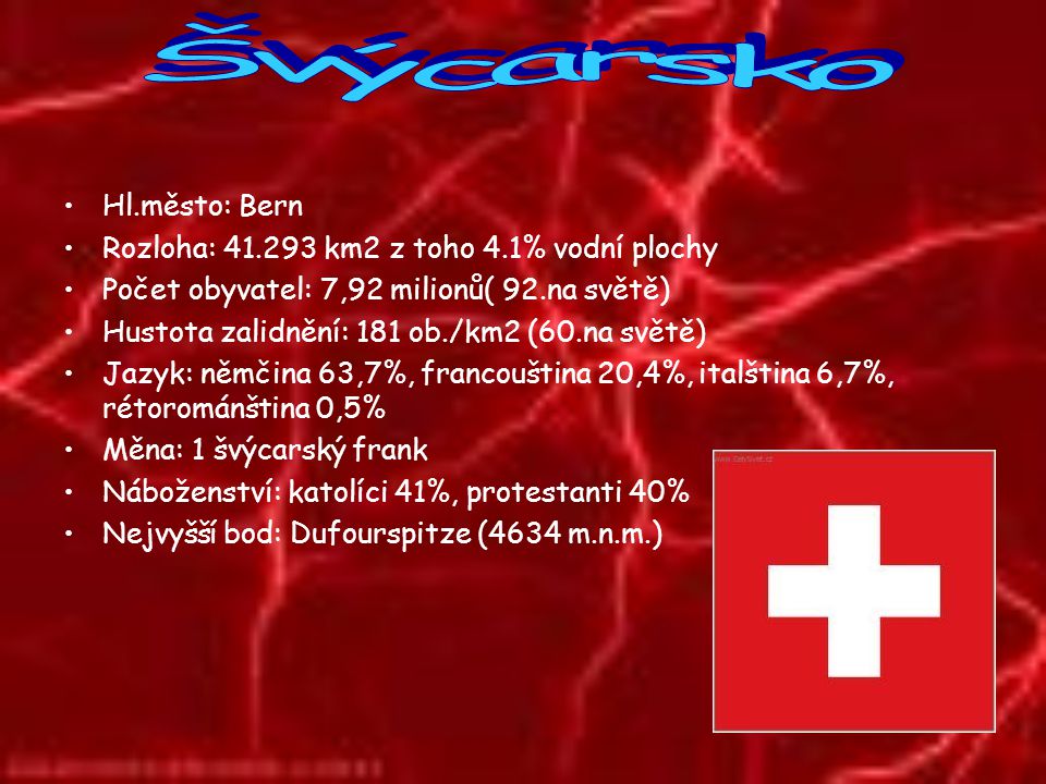 Švýcarsko Hl.město: Bern Rozloha: km2 z toho 4.1% vodní plochy