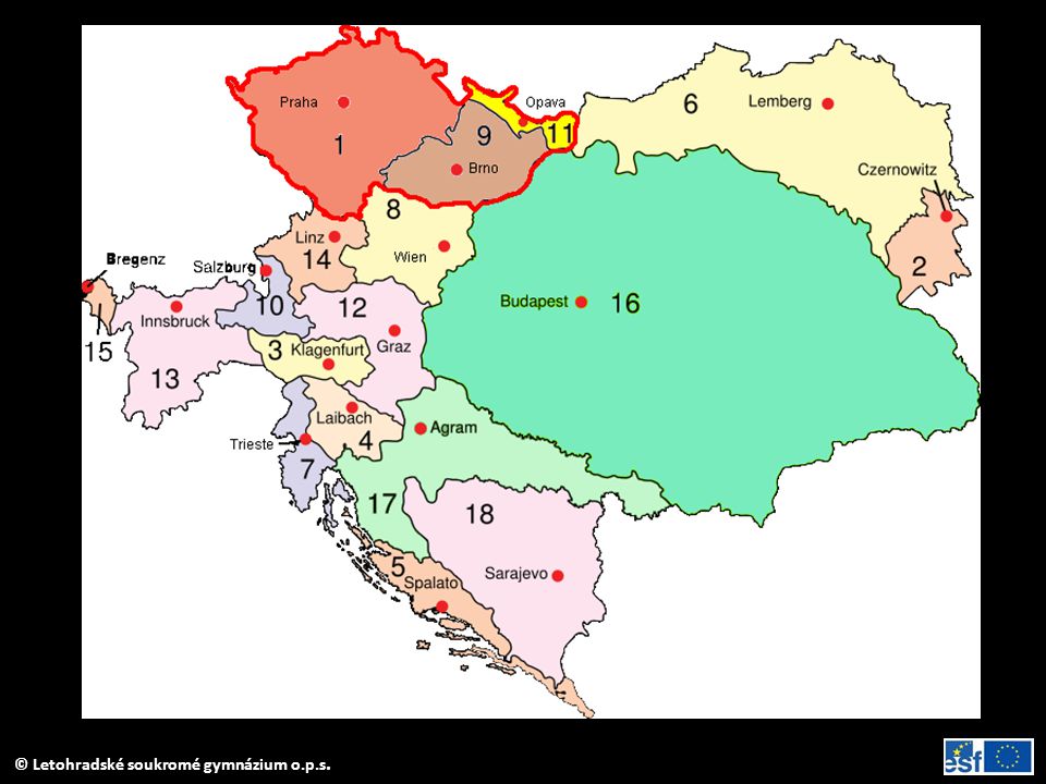 Rakousko-Uhersko v roce 1910: Předlitavsko: 1. Čechy, 2. Bukovina, 3