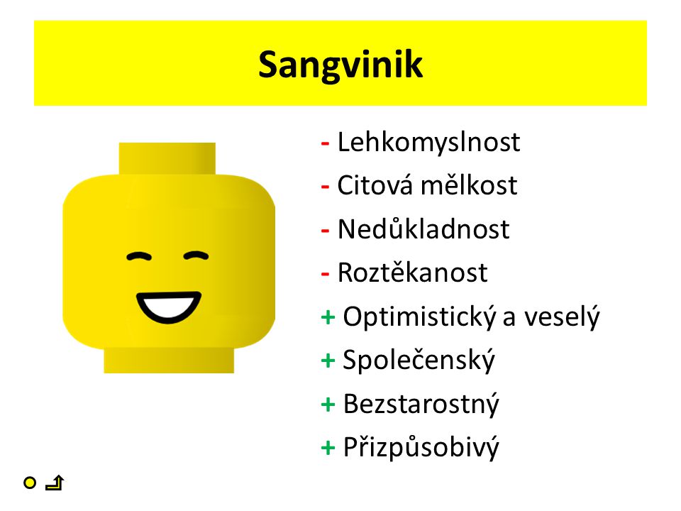 Sangvinik - Lehkomyslnost - Citová mělkost - Nedůkladnost - Roztěkanost + Optimistický a veselý + Společenský + Bezstarostný + Přizpůsobivý