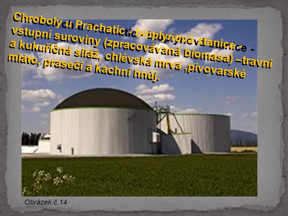 Chrobolech u Prachatic - bioplynová stanice - vstupní suroviny (zpracovávaná biomasa) –travní a kukuřičná siláž, chlévská mrva ,pivovarské mláto, prasečí a kachní hnůj.