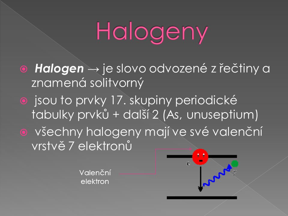 Halogeny Halogen → je slovo odvozené z řečtiny a znamená solitvorný