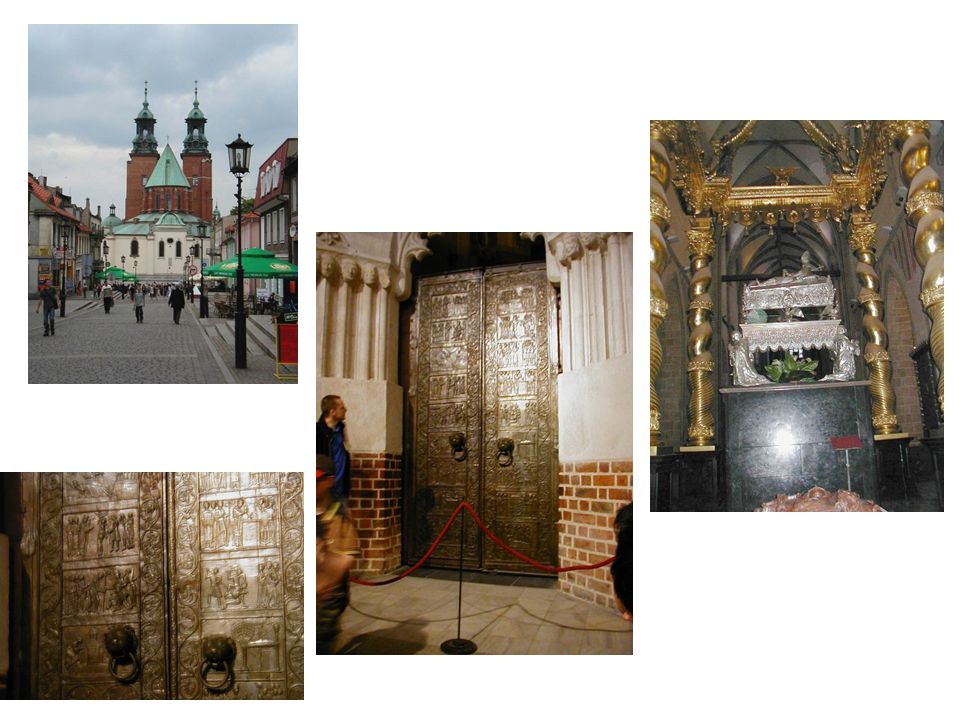 Hnězdno: celkový pohled na katedrálu, bronzové dveře a pohled na rakev, údajně s ostatky sv.
