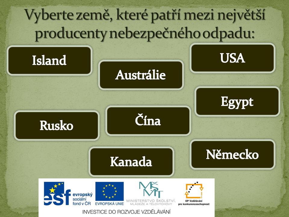 Vyberte země, které patří mezi největší producenty nebezpečného odpadu: