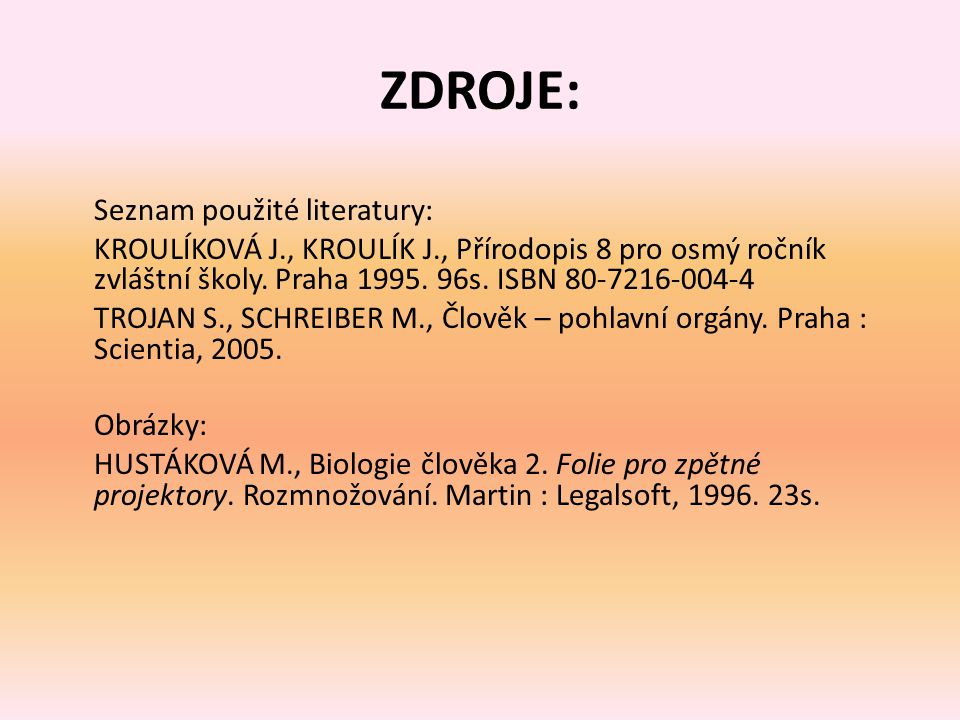 ZDROJE: Seznam použité literatury: KROULÍKOVÁ J., KROULÍK J., Přírodopis 8 pro osmý ročník zvláštní školy. Praha s. ISBN