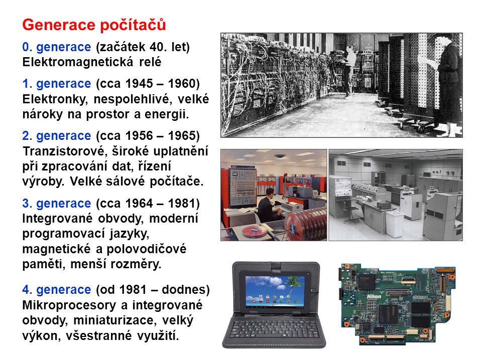 Generace počítačů 0. generace (začátek 40. let) Elektromagnetická relé