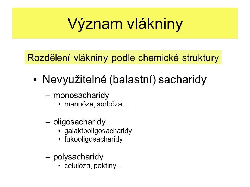 Význam vlákniny Nevyužitelné (balastní) sacharidy