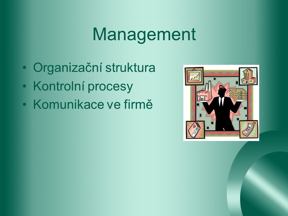 Management Organizační struktura Kontrolní procesy Komunikace ve firmě