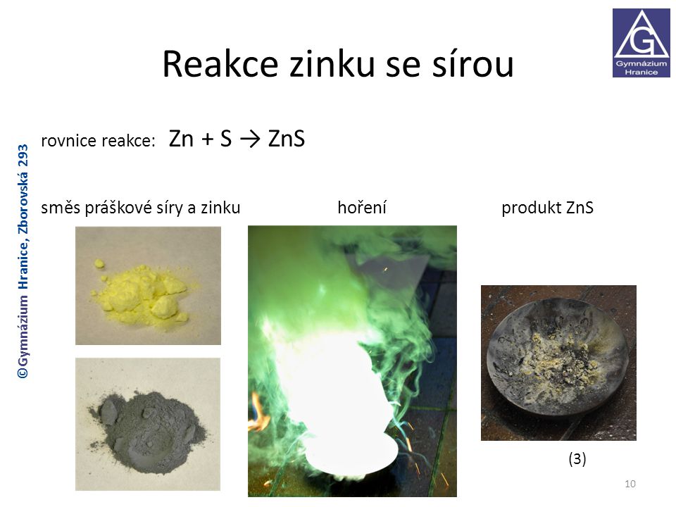 Reakce zinku se sírou rovnice reakce: Zn + S → ZnS směs práškové síry a zinku hoření produkt ZnS ©Gymnázium Hranice, Zborovská 293.