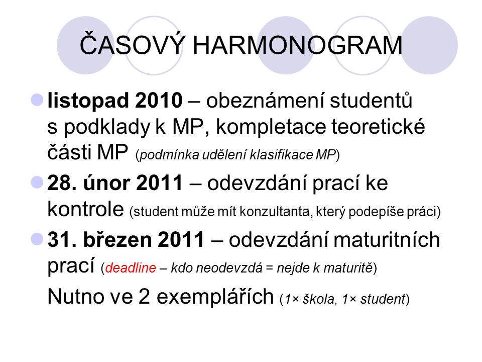 ČASOVÝ HARMONOGRAM listopad 2010 – obeznámení studentů s podklady k MP, kompletace teoretické části MP (podmínka udělení klasifikace MP)