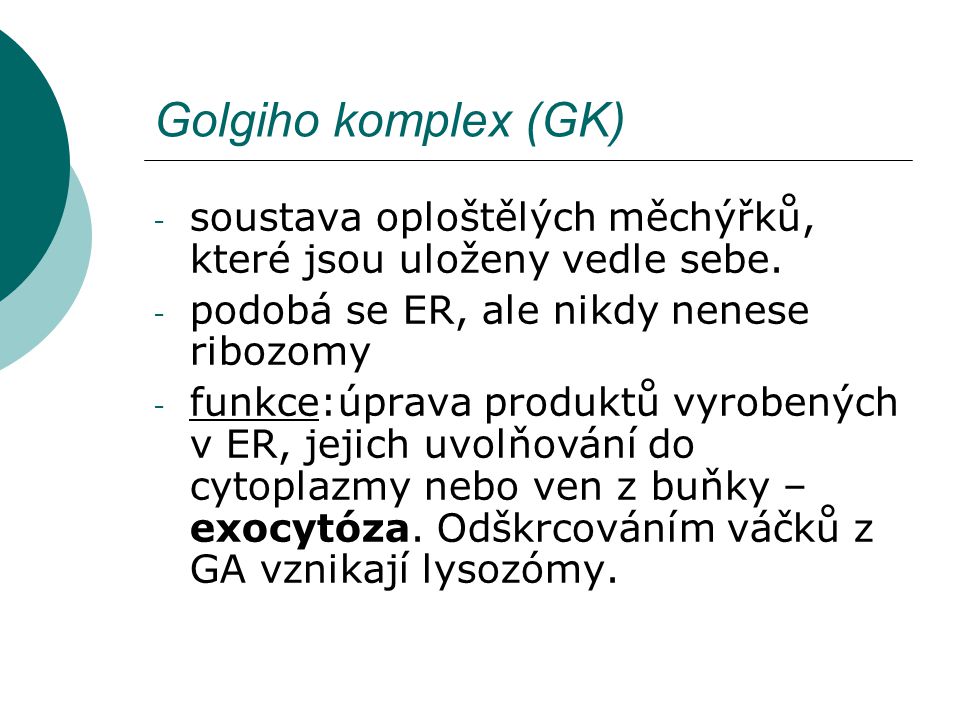 Golgiho komplex (GK) soustava oploštělých měchýřků, které jsou uloženy vedle sebe. podobá se ER, ale nikdy nenese ribozomy.