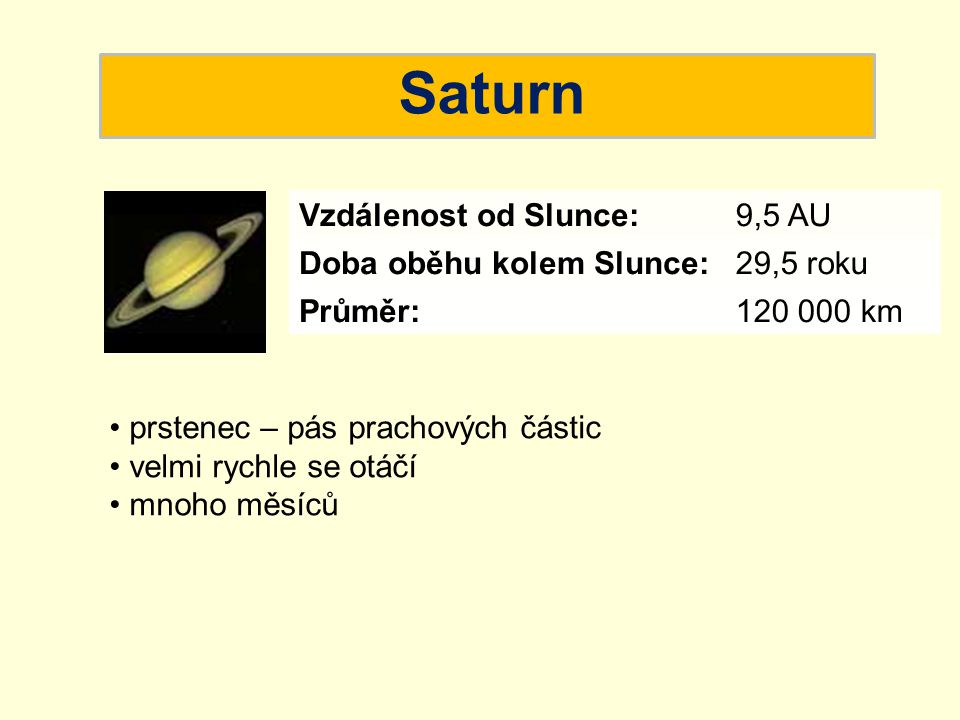 Saturn Vzdálenost od Slunce: 9,5 AU Doba oběhu kolem Slunce: 29,5 roku