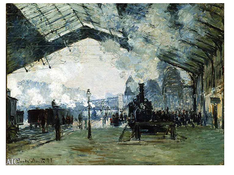 Nádraží St. Lazare (1877) koncem r pracuje v Paříži na využití efektu mlhy. pára má podobný efekt.