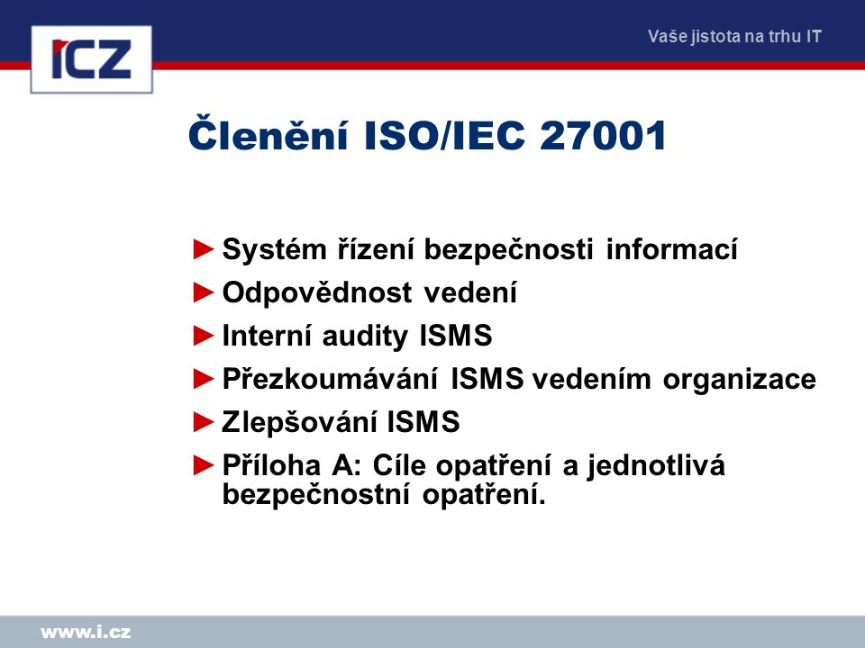 Členění ISO/IEC Systém řízení bezpečnosti informací