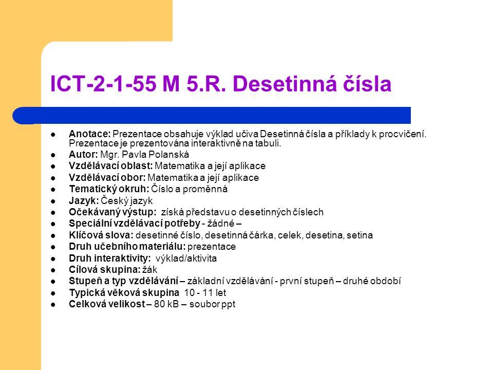 ICT M 5.R. Desetinná čísla