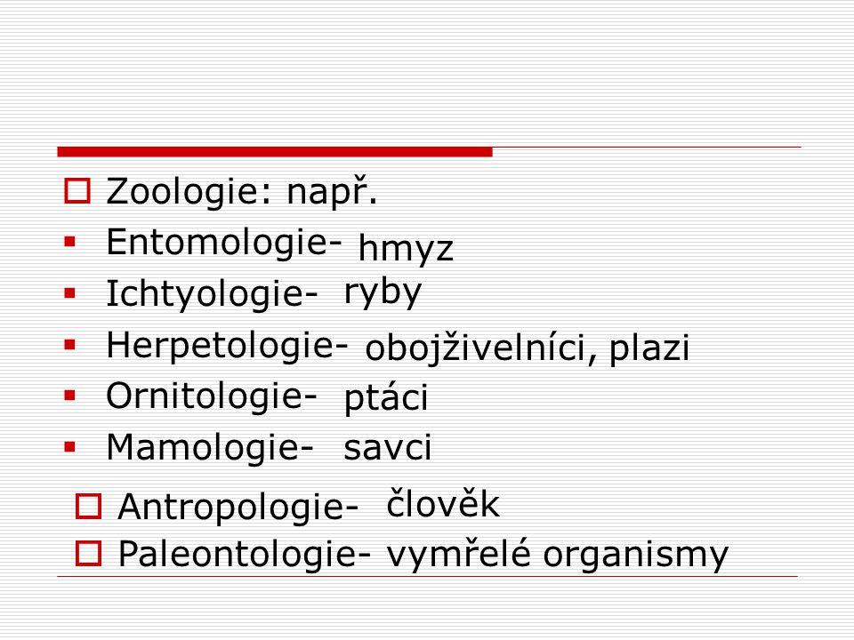 Zoologie: např. Entomologie- Ichtyologie- Herpetologie- Ornitologie- Mamologie- hmyz. ryby. obojživelníci, plazi.
