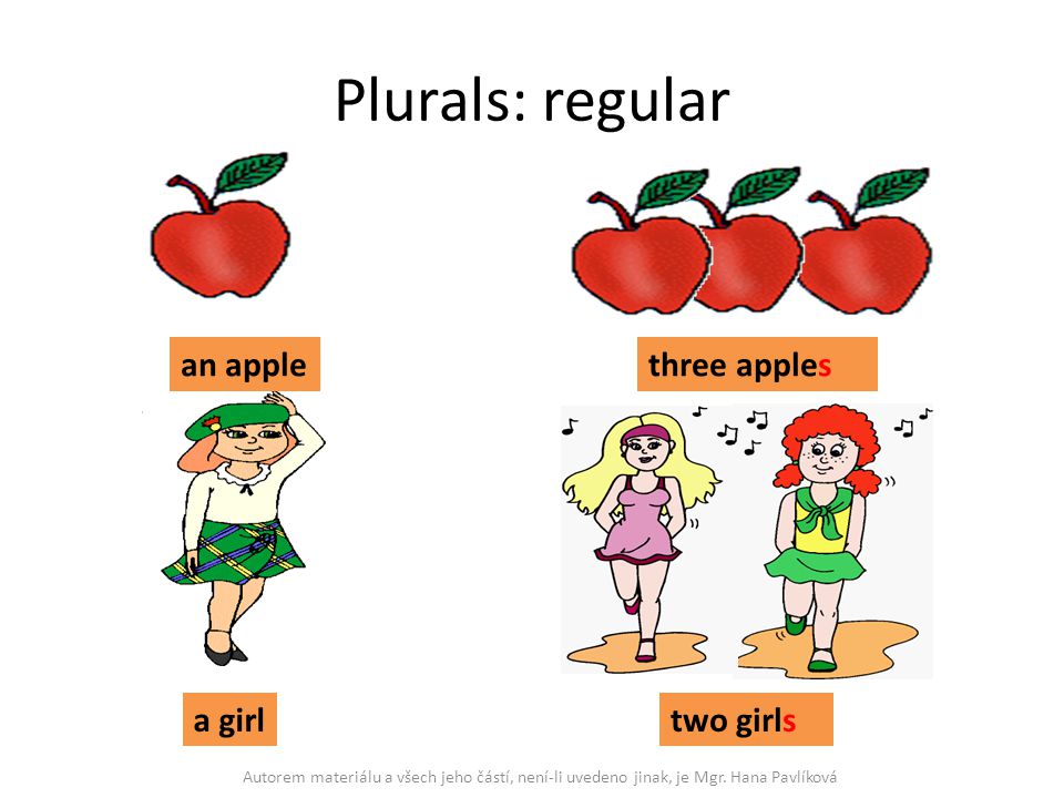 Plurals: regular an apple three apples a girl two girls