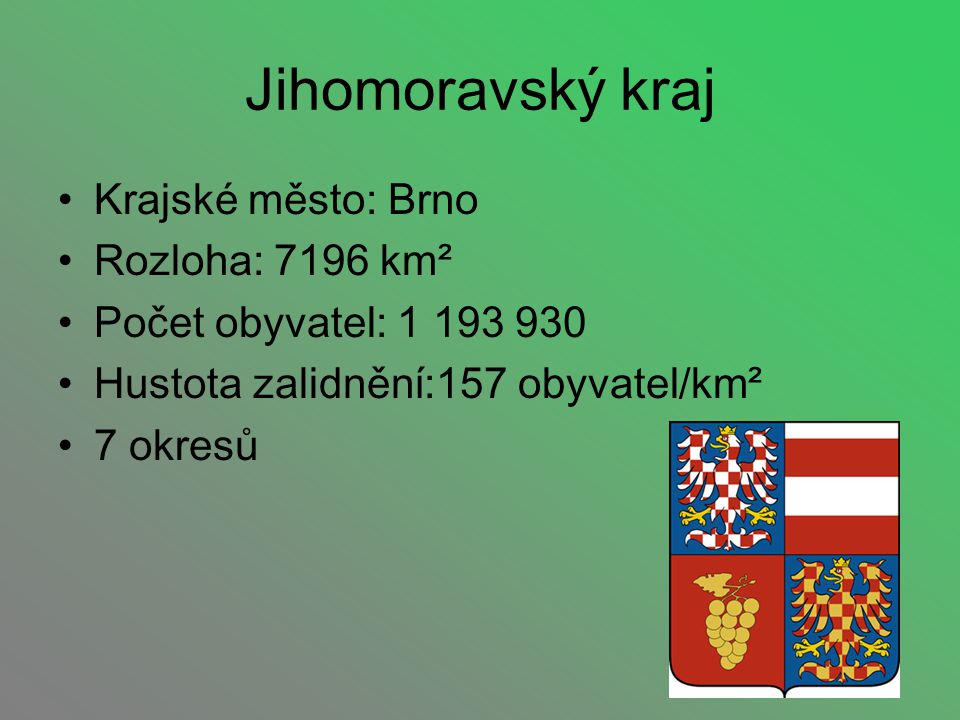 Jihomoravský kraj Krajské město: Brno Rozloha: 7196 km²
