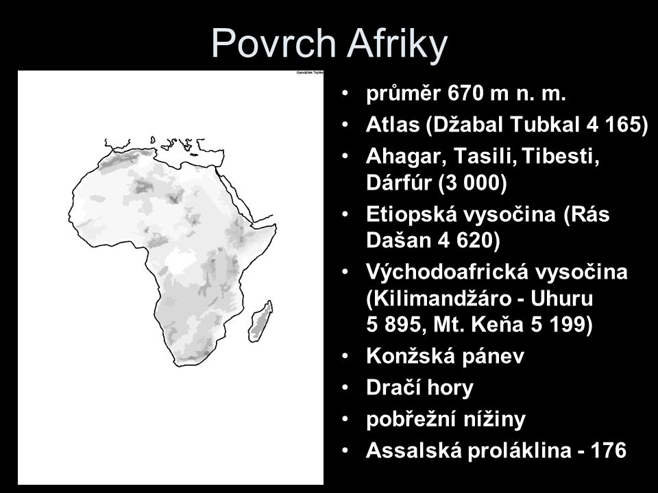 Povrch Afriky průměr 670 m n. m. Atlas (Džabal Tubkal 4 165)