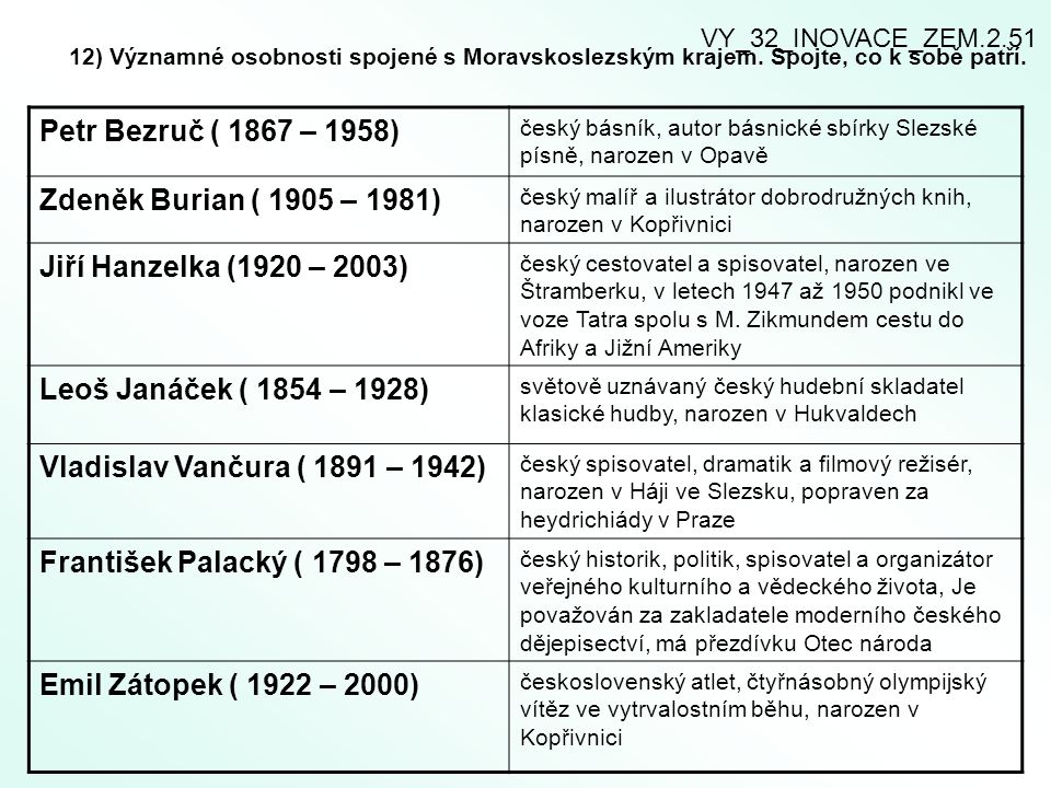 VY_32_INOVACE_ZEM ) Významné osobnosti spojené s Moravskoslezským krajem. Spojte, co k sobě patří.