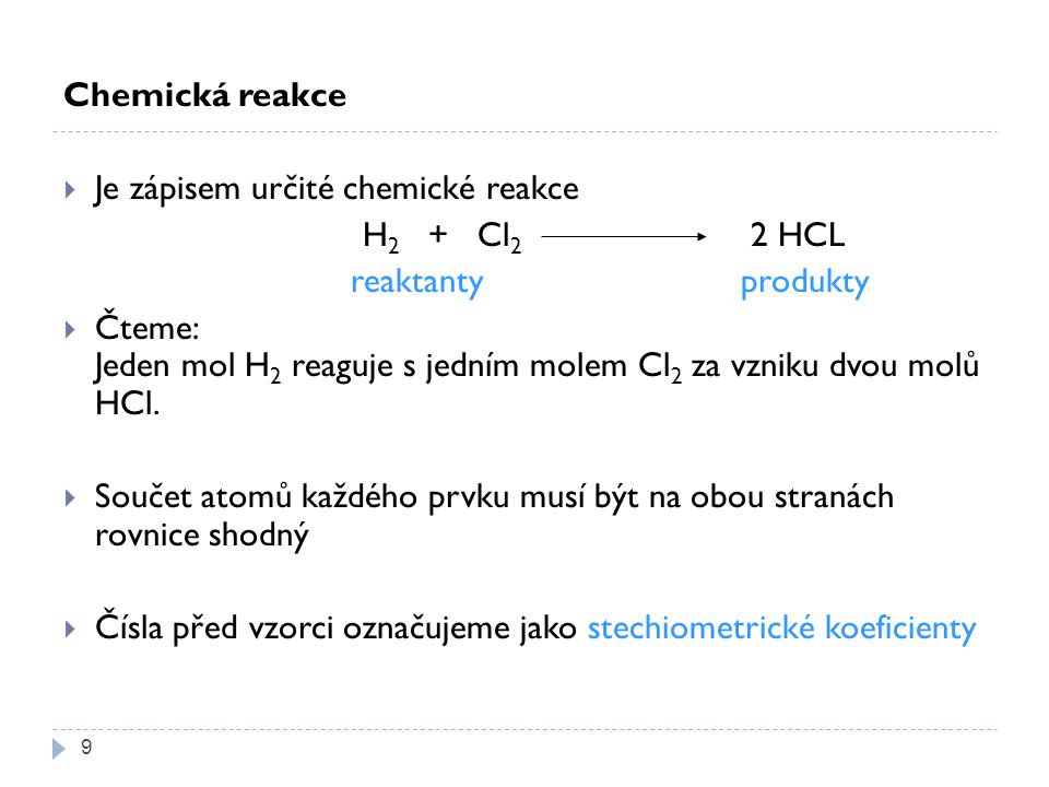 Chemická reakce Je zápisem určité chemické reakce. H2 + Cl2 2 HCL. reaktanty produkty.