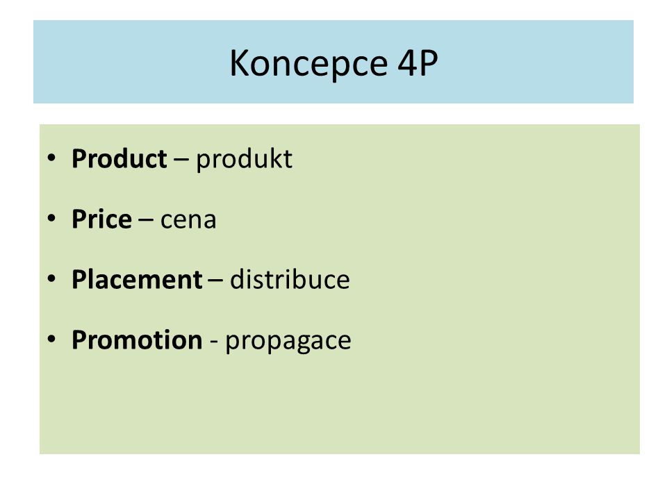 Koncepce 4P Product – produkt Price – cena Placement – distribuce