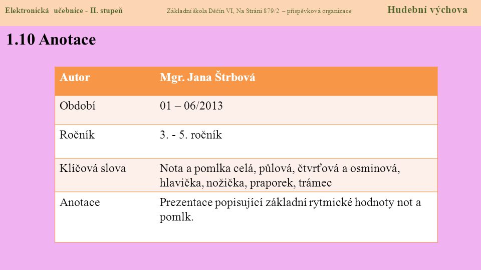1.10 Anotace Autor Mgr. Jana Štrbová Období 01 – 06/2013 Ročník