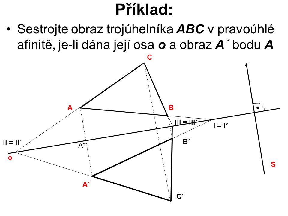Příklad: Sestrojte obraz trojúhelníka ABC v pravoúhlé afinitě, je-li dána její osa o a obraz A´ bodu A.