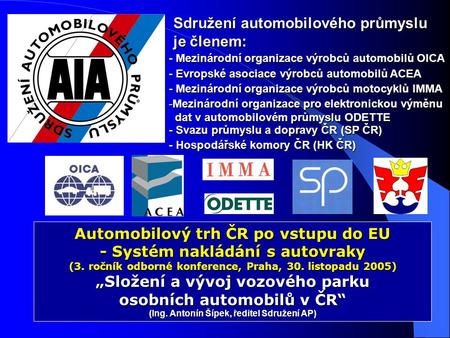 Sdružení automobilového průmyslu je členem: - Mezinárodní organizace výrobců automobilů OICA - Evropské asociace výrobců automobilů ACEA - Mezinárodní.