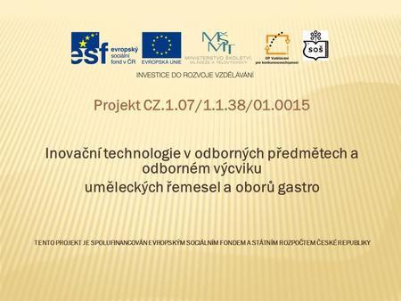 Projekt CZ.1.07/1.1.38/01.0015 Inovační technologie v odborných předmětech a odborném výcviku uměleckých řemesel a oborů gastro TENTO PROJEKT JE SPOLUFINANCOVÁN.