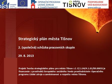 Strategický plán města Tišnov 2. (společná) schůzka pracovních skupin 29. 8. 2013 Projekt Tvorba strategického plánu pro město Tišnov r.č. CZ.1.04/4.1.01/89.00031.