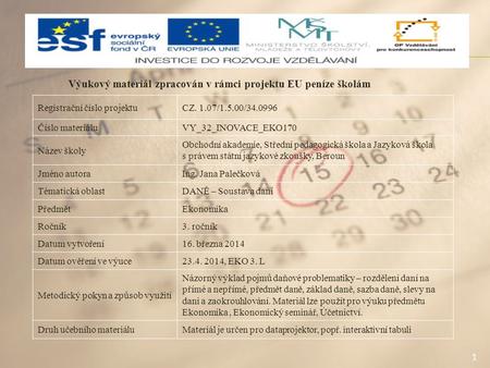 1 Výukový materiál zpracován v rámci projektu EU peníze školám Registrační číslo projektuCZ. 1.07/1.5.00/34.0996 Číslo materiáluVY_32_INOVACE_EKO170 Název.