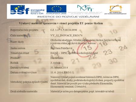1 Výukový materiál zpracován v rámci projektu EU peníze školám Registrační číslo projektuCZ. 1.07/1.5.00/34.0996 Číslo materiáluVY_32_INOVACE_EKO174 Název.
