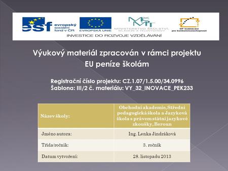 Výukový materiál zpracován v rámci projektu EU peníze školám Registrační číslo projektu: CZ.1.07/1.5.00/34.0996 Šablona: III/2 č. materiálu: VY_32_INOVACE_PEK233.