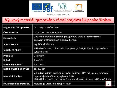 Výukový materiál zpracován v rámci projektu EU peníze školám 1 Registrační číslo projektuCZ. 1.07/1.5.00/34.0996 Číslo materiáluVY_32_INOVACE_UCE_016 Název.
