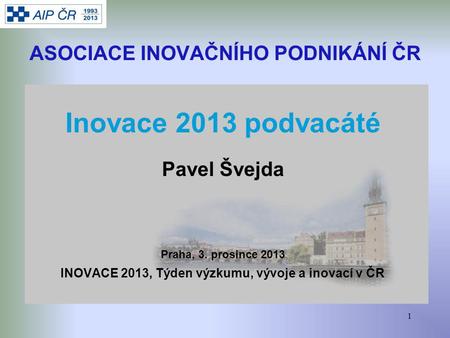 1 ASOCIACE INOVAČNÍHO PODNIKÁNÍ ČR Inovace 2013 podvacáté Pavel Švejda Praha, 3. prosince 2013 INOVACE 2013, Týden výzkumu, vývoje a inovací v ČR.