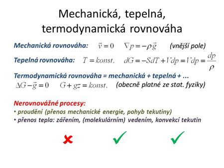 Mechanická, tepelná, termodynamická rovnováha Tepelná rovnováha: Mechanická rovnováha: (vnější pole) Termodynamická rovnováha = mechanická + tepelná +...
