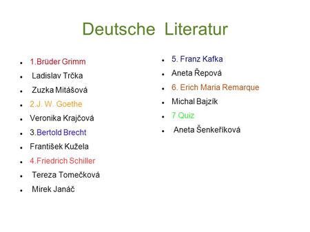 Deutsche Literatur 1.Brüder Grimm Ladislav Trčka Zuzka Mitášová 2.J. W. Goethe Veronika Krajčová 3.Bertold Brecht František Kužela 4.Friedrich Schiller.