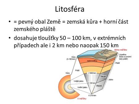 Litosféra = pevný obal Země = zemská kůra + horní část zemského pláště