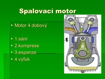 Spalovací motor Motor 4 dobový 1.sání 2.komprese 3.expanze 4.výfuk.