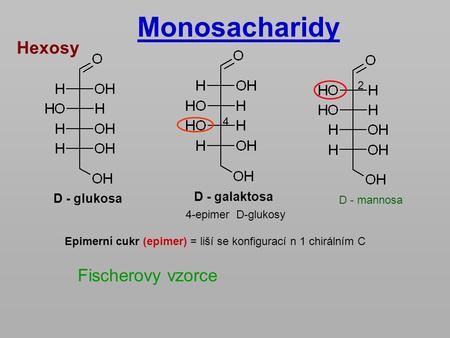 Monosacharidy Hexosy Fischerovy vzorce D - galaktosa D - glukosa 2 4
