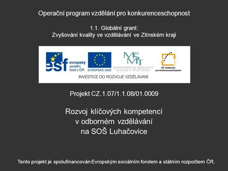 Operační program vzdělání pro konkurenceschopnost 1.1. Globální grant: Zvyšování kvality ve vzdělávání ve Zlínském kraji Projekt CZ.1.07/1.1.08/01.0009.