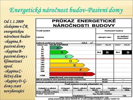 Energetická náročnost budov-Pasivní domy Od 1.1.2009 sledujeme v ČR energetickou náročnost budov -skupina A- pasivní domy -skupina B- pasivní domy s klimatizací.
