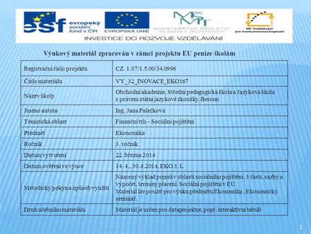 1 Výukový materiál zpracován v rámci projektu EU peníze školám Registrační číslo projektuCZ. 1.07/1.5.00/34.0996 Číslo materiáluVY_32_INOVACE_EKO167 Název.