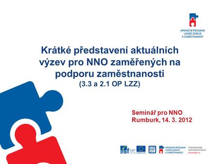 Krátké představení aktuálních výzev pro NNO zaměřených na podporu zaměstnanosti (3.3 a 2.1 OP LZZ) Seminář pro NNO Rumburk, 14. 3. 2012.