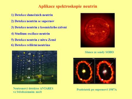 Aplikace spektroskopie neutrin 1) Detekce slunečních neutrin 2) Detekce neutrin se supernov 3) Detekce neutrin z kosmického záření 4) Studium oscilace.