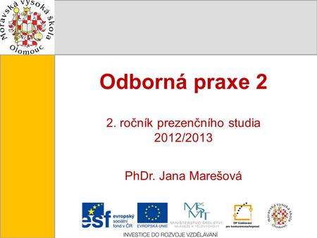 Tento projekt je spolufinancován Evropským sociálním fondem a státním rozpočtem České republiky. Odborná praxe 2 2. ročník prezenčního studia 2012/2013.