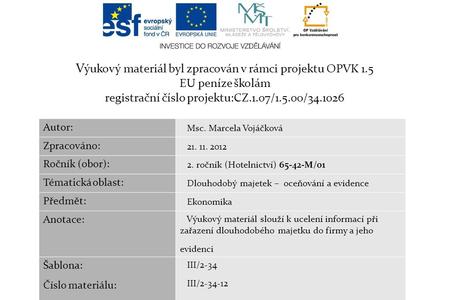 V ýukový materiál byl zpracován v rámci projektu OPVK 1.5 EU peníze školám registrační číslo projektu:CZ.1.07/1.5.00/34.1026 Autor: Msc. Marcela Vojáčková.